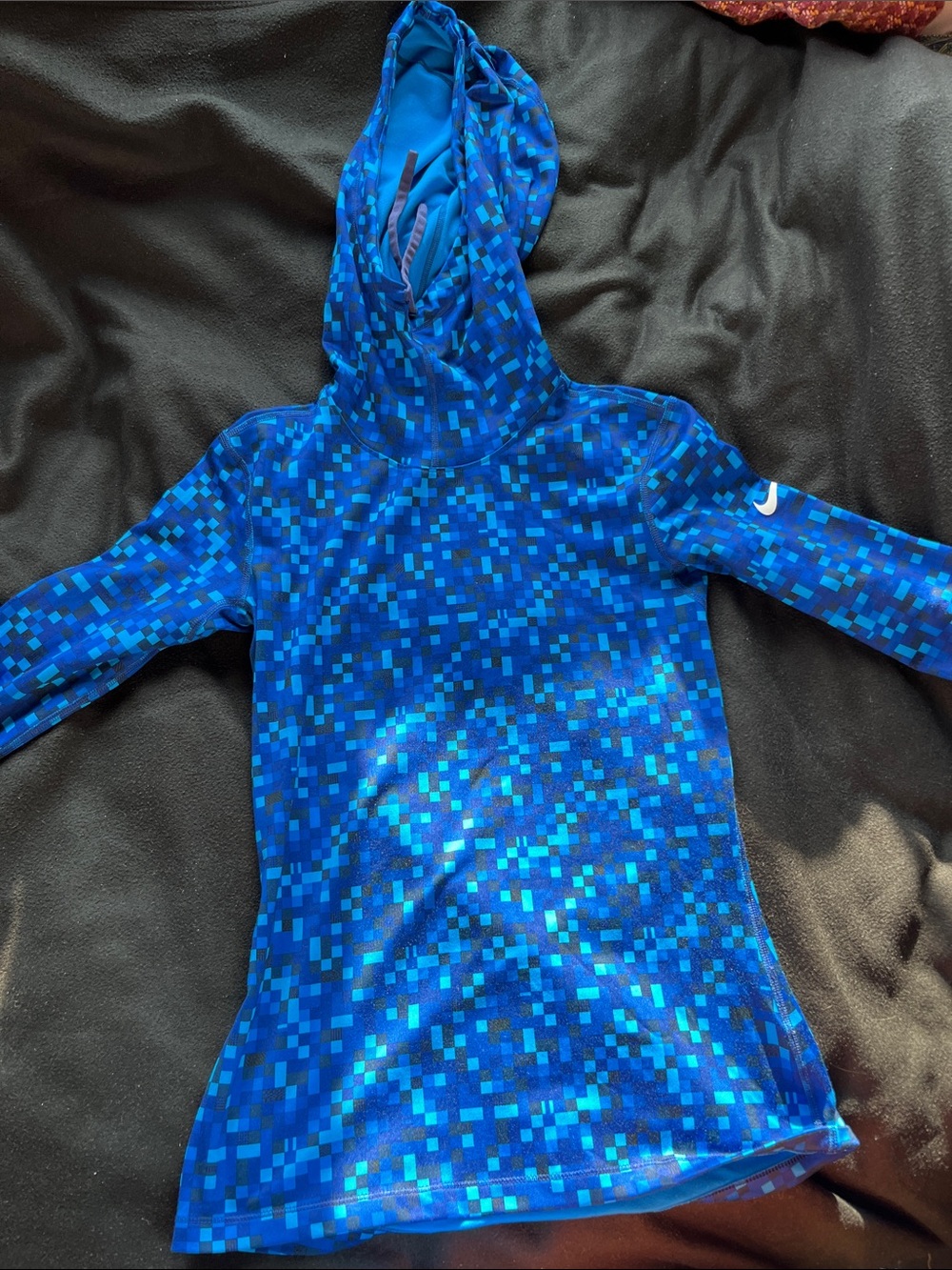Nike Pro Dri-Fit Blue Pixel-Print Hooded Athletic Top